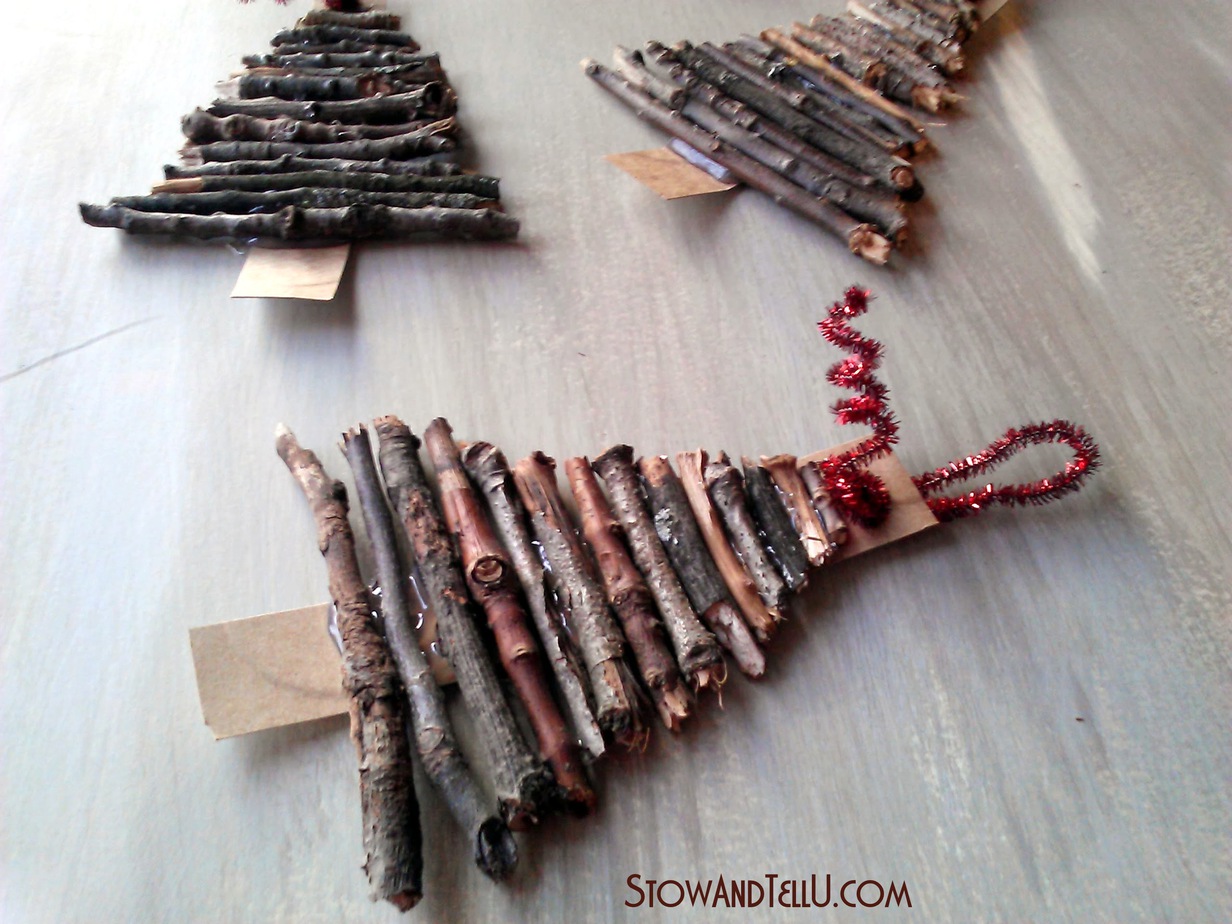 rustic twig Christmas tree ornament on a branch