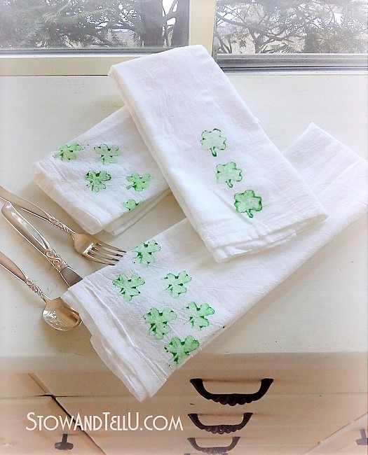 Tea towels with shamrock potato paint stamp
