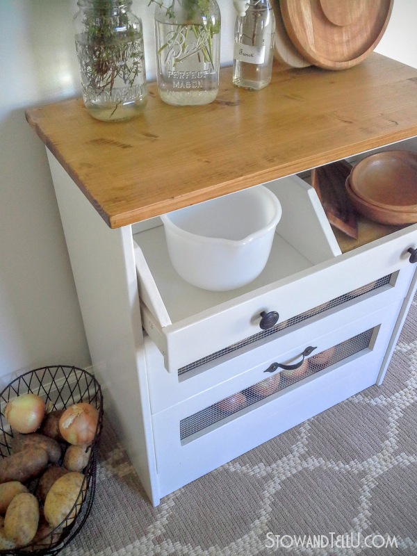 How to make a potato, onion, vegetable storage chest with a 2-bin drawer, made / hacked from an Ikea Rast 3 drawer chest by blogger Stow and Tell U. The piece was painted with a Trim, Door and Furniture Paint from Pittsburgh Paints and Stains and Hickory Hardware drawer pulls