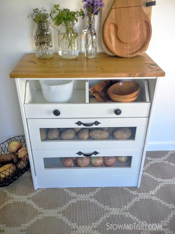 How to make a potato, onion, vegetable storage chest with a 2-bin drawer, made / hacked from an Ikea Rast 3 drawer chest by blogger Stow and Tell U. The piece was painted with a Trim, Door and Furniture Paint from Pittsburgh Paints and Stains and Hickory Hardware drawer pulls