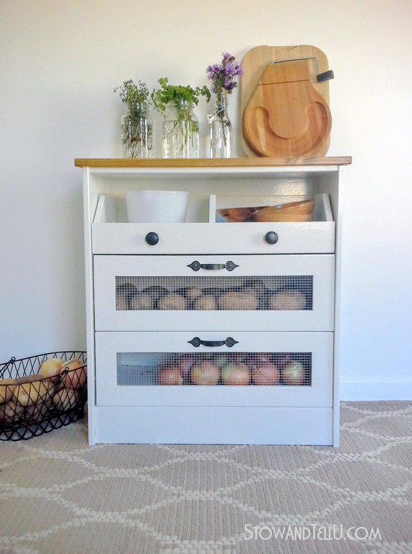 How to make a potato, onion, vegetable storage chest with a 2-bin drawer, made / hacked from an Ikea Rast 3 drawer chest by blogger Stow and Tell U. The piece was painted with a Trim, Door and Furniture Paint from Pittsburgh Paints and Stains and Hickory Hardware drawer pulls