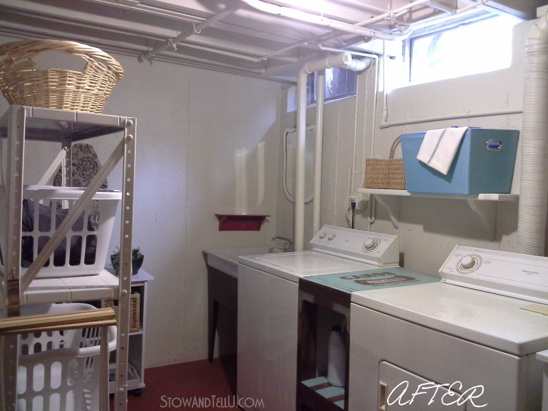 An open beam ceiling basement laundry room makeover done by painting the ceiling, walls and floor and a "use what you have approach" for the rest of the updates. Stow and Tell U