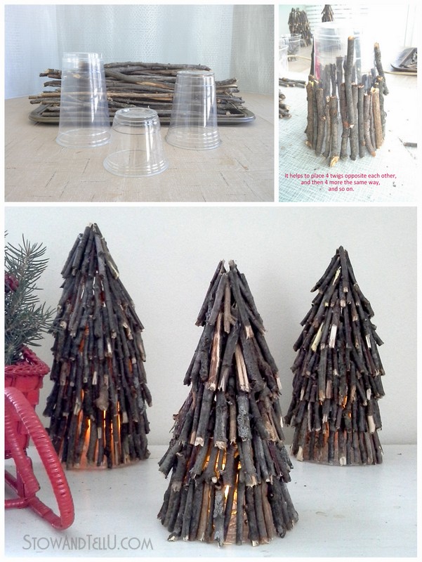 Create a rustic twig Christmas tree for holiday crafts, decor or a centerpiece with twigs, a clear plastic cup and hot glue. Can also be used as a flameless candle luminary from Stow and Tell U