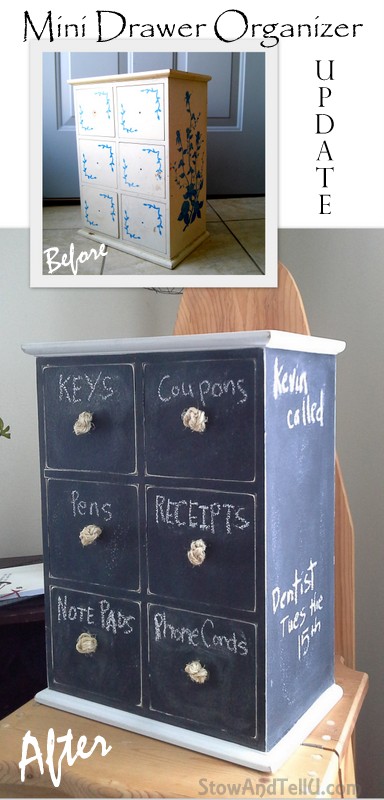 Turn an old mini six-drawer organizer into a dual storage-message center with chalkboard paint from Stow and TellU