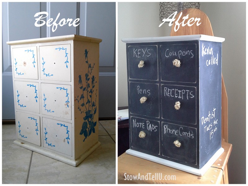 Turn an old mini six-drawer organizer into a dual storage-message center with chalkboard paint from Stow and TellU