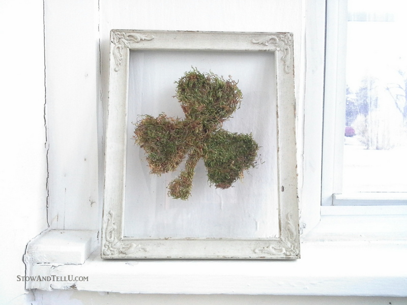 Use the glass and frame only from a vintage frame to make an easy framed moss shamrock or any moss shape that works for you. Rustic, simple look for St Patrick's Day or Spring decor - StowandTellU.com