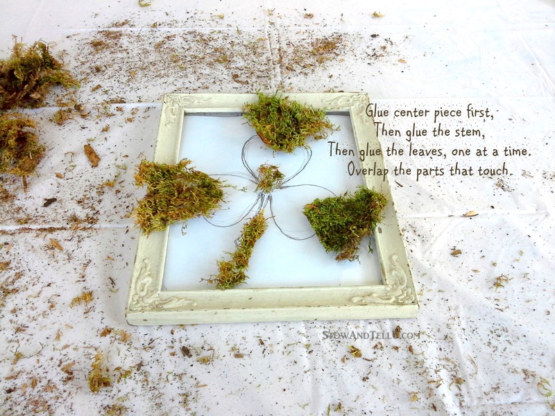 Use the glass and frame only from a vintage frame to make a framed moss shamrock or any moss shape that works for you. Rustic, simple look for St Patrick's Day or Spring decor - StowandTellU.com