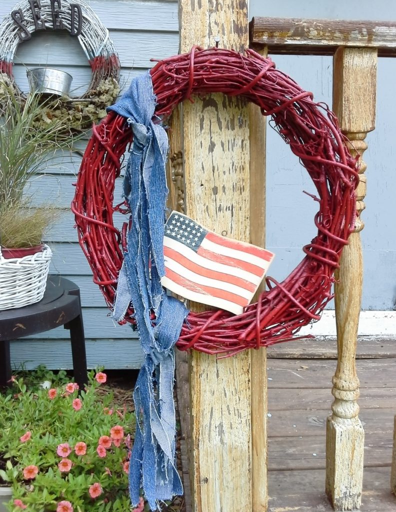 4th of july ideas decor- red painted blue jean wreath - StowAndTellU.com