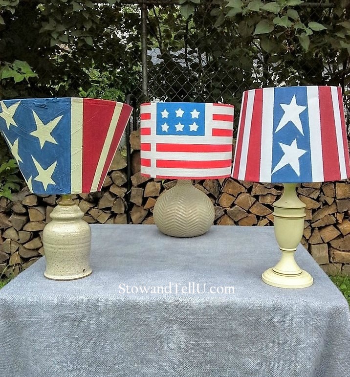 Old table lamps are painted to look like the American flag and turned into patriotic outdoor solar lamps - StowAndTellU.com