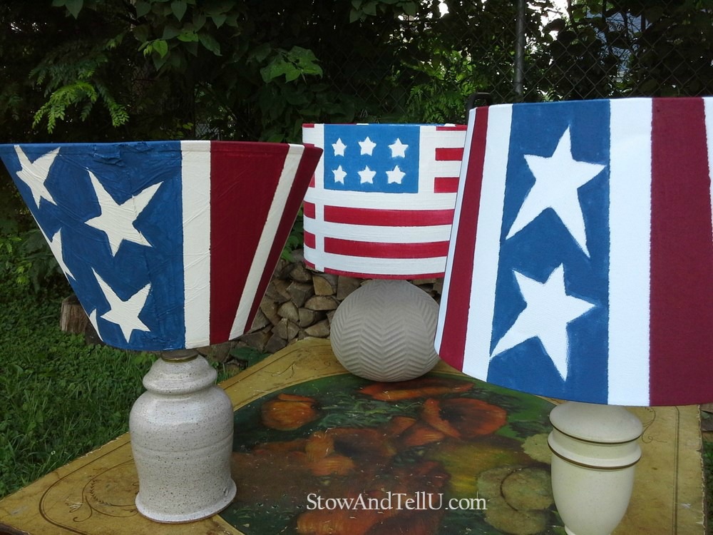 Old lamps painted red, white and blue and turned into outdoor solar table lamps - Patriotic Stars and Stripes Solar Table Lamps - StowandTellU.com