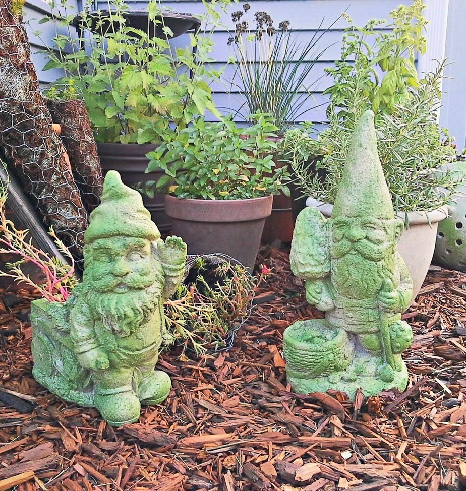 Faux Cement and Moss Painted Garden Gnomes