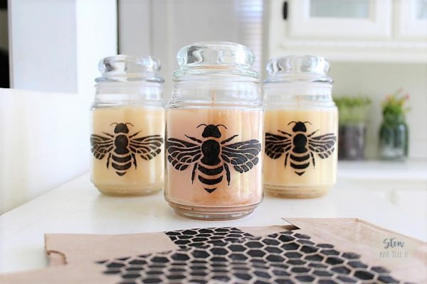 DIY jar candle and gift bag using honey bee - honey comb stencil | Stowandtellu.com