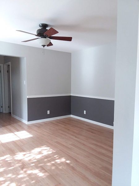 Wall with chair painted SW Repose Gray and Gauntlet Gray