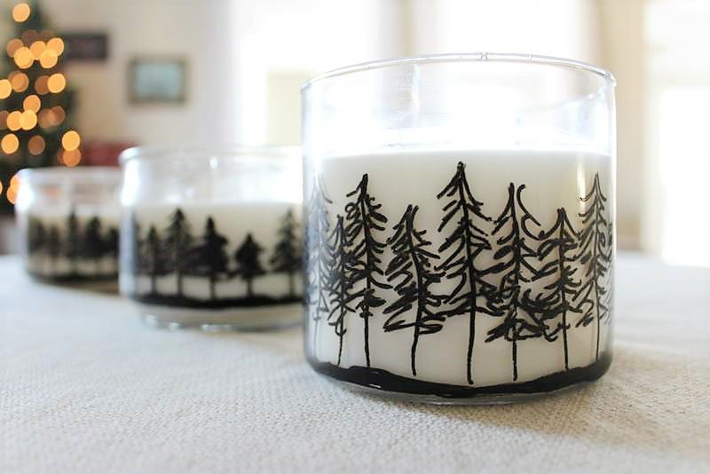 Pine Tree jar candles | winter craft | cabin decor | Draw a tree line on jar candles | stowandtellu.com