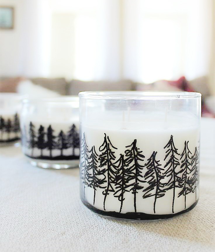 30 Minute Winter Craft | Pine Tree Jar Candles | How to draw a treeline on jar candles | stowandtellu.com