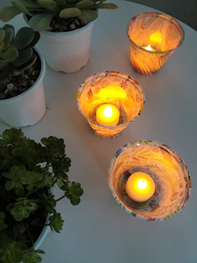 Tissue Paper Luminaries with flameless candle and plastic cups | stownadtellu.com