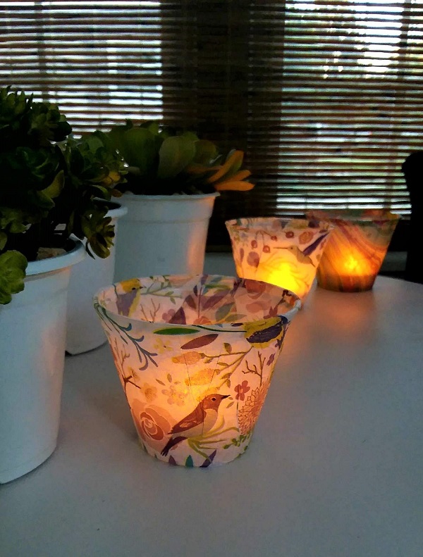 DIY Tissue Paper Lanterns | plastic cups wrapped with tissue paper used with flameless tea lights | stowandtellu.com