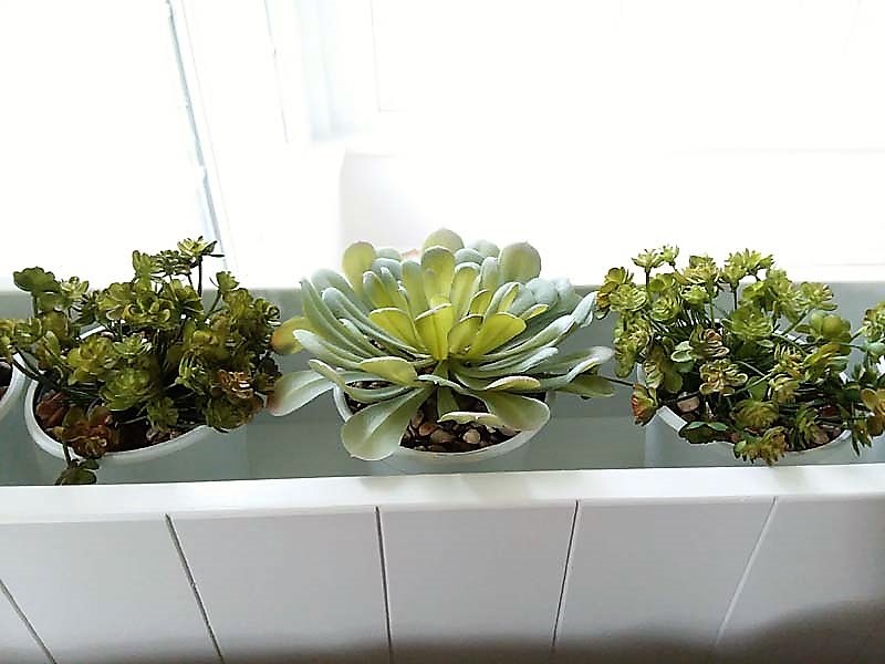 Indoor planter box with potted faux succulents | stowandtellu.com