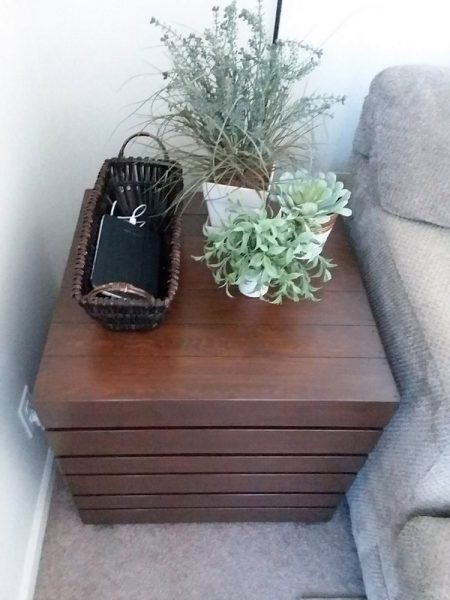 Basket Phone Charger and plants on dark stained table top