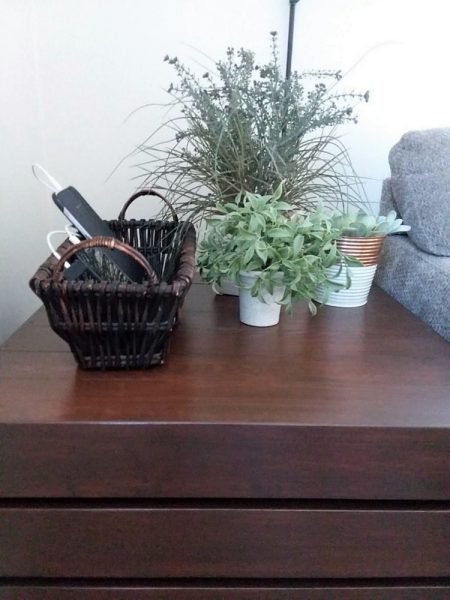 Side table with basket phone charging station