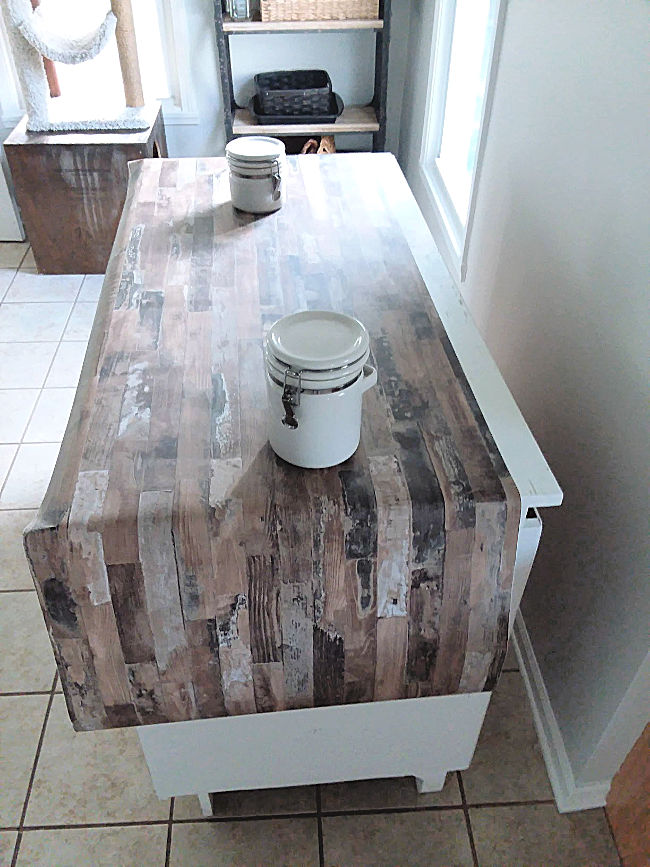 Covering Counter Top with Faux Wood Wallpaper