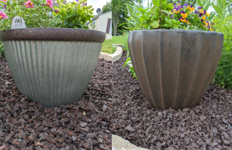 Faux galvanized and faux ceramic resin, plastic planters