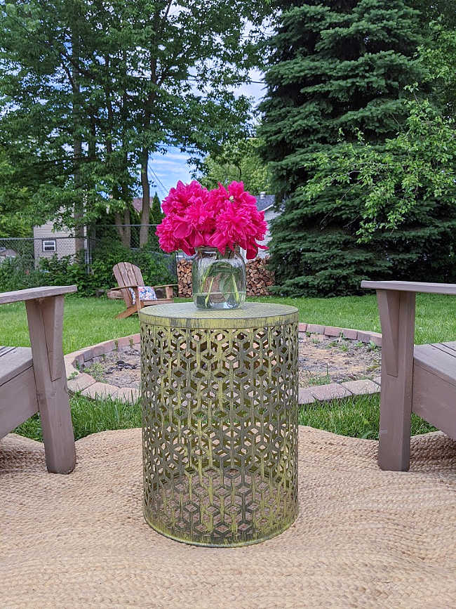 Moss green distress painted round metal boho table