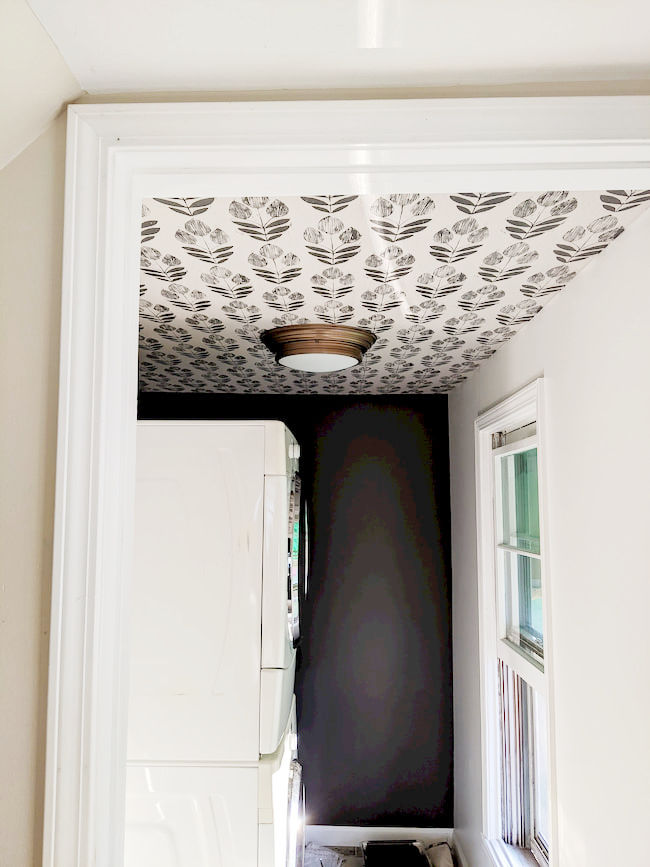 Dark Painted laundry room with wallpapered ceiling