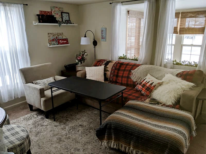 Card table pull-up to couch for dinner party