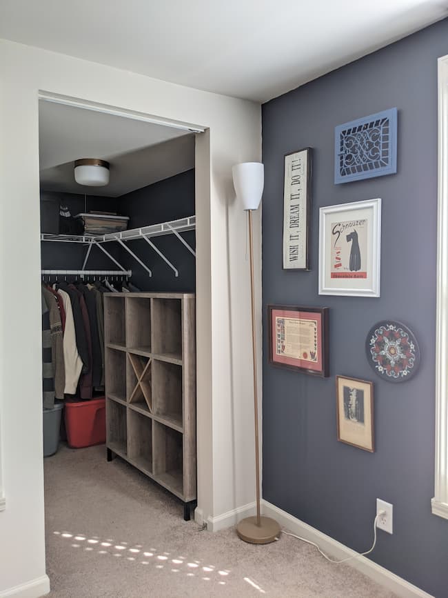 Budget closet makeover dark blue paint, cube storage